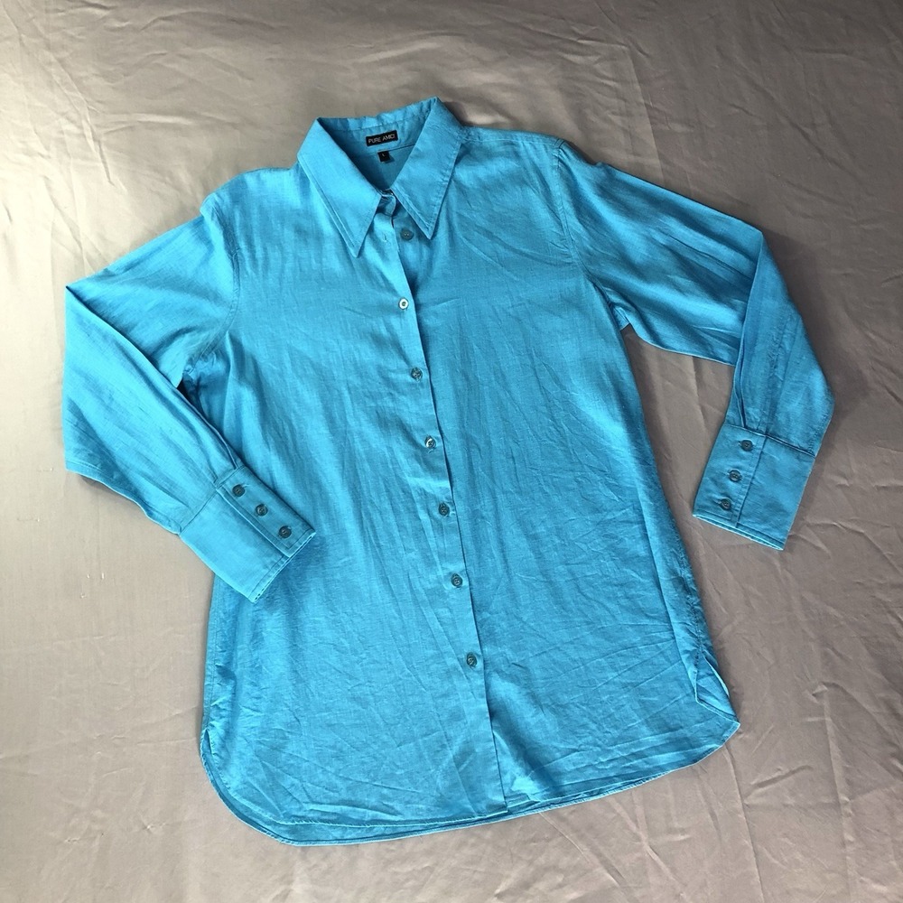 La Amici Linen Blouse Womens Large Turquoise Coastal Lightweight Business Casual